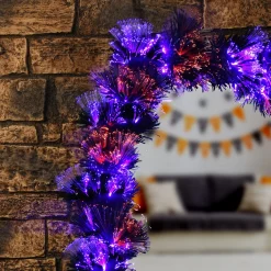 9 ft. Halloween Black Fiber Optic Garland with Purple and Orange Lights