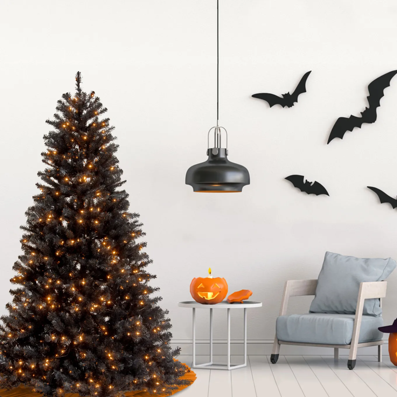 7 ft. Halloween Pre-Lit North Valley Spruce Full Black Tree with White Lights