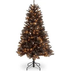 4.5 ft. Halloween Pre-Lit North Valley Spruce Full Black Christmas Tree with White Lights