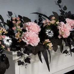 6 ft. Halloween Pretty Morbid Pink Carnation Wreath with Silver Pumpkins