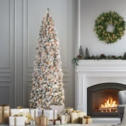 9 ft. Pre-Lit Acacia Flocked Slim Tree with Clear Lights