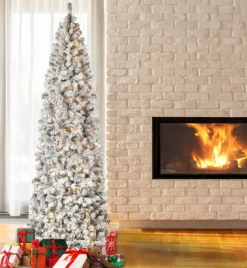 9 ft. Pre-Lit Acacia Flocked Slim Tree with Clear Lights