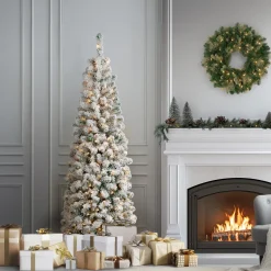 6 ft. Pre-Lit Acacia Pencil Slim Flocked Tree with Clear Lights