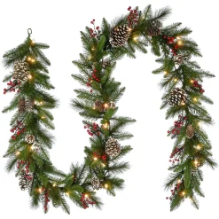 9 ft. Pre-Lit Bristle Berry Pine Garland with LED Lights