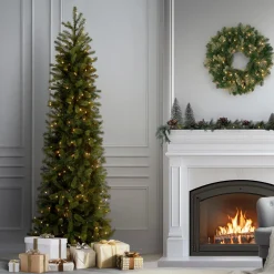 7.5 ft. Pre-Lit Downswept Douglas Fir Pencil Slim Tree with Clear Lights