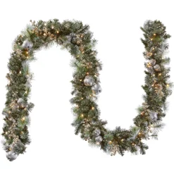 9 ft. Pre-Lit Glittery Pine Pomegranate Garland with Clear Lights