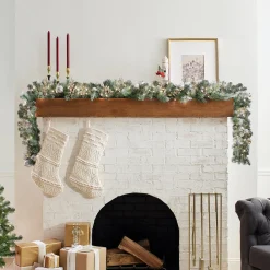 9 ft. Pre-Lit Glittery Pine Pomegranate Garland with Clear Lights