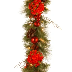 9 ft. Pre-Lit Hydrangea Pine Garland with Warm White LED Lights