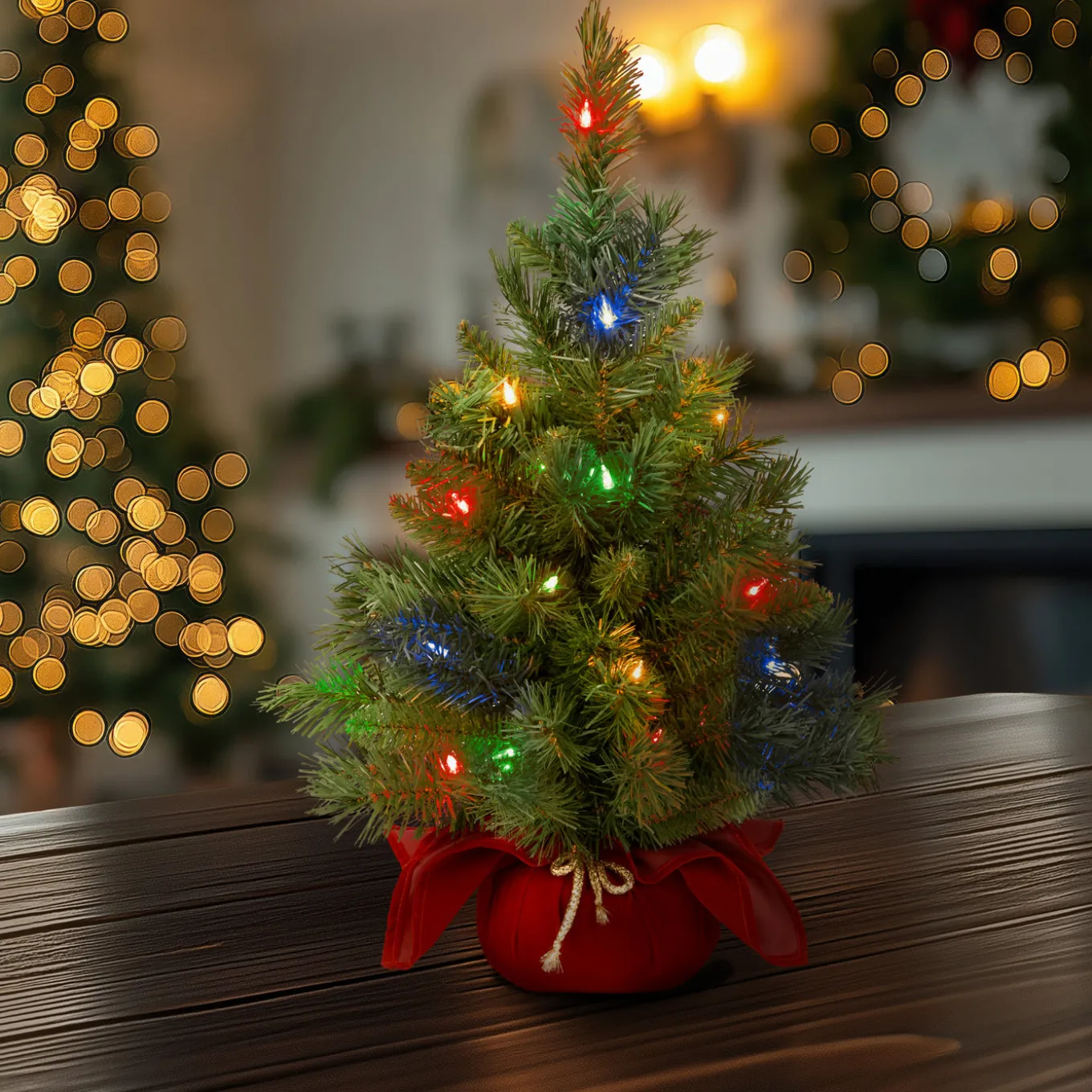 2 ft. Pre-Lit Majestic Fir Tree with Multicolor LED Lights, Red Base