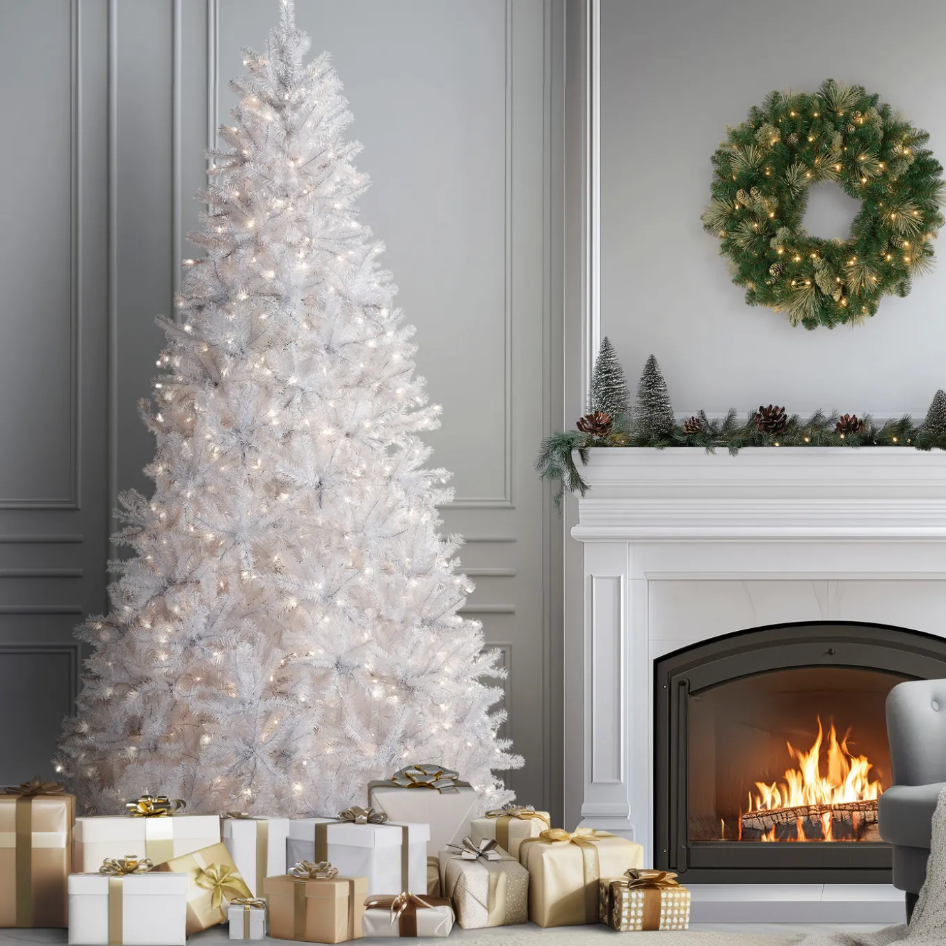 9 ft. Pre-Lit North Valley Spruce White Tree with Clear Lights