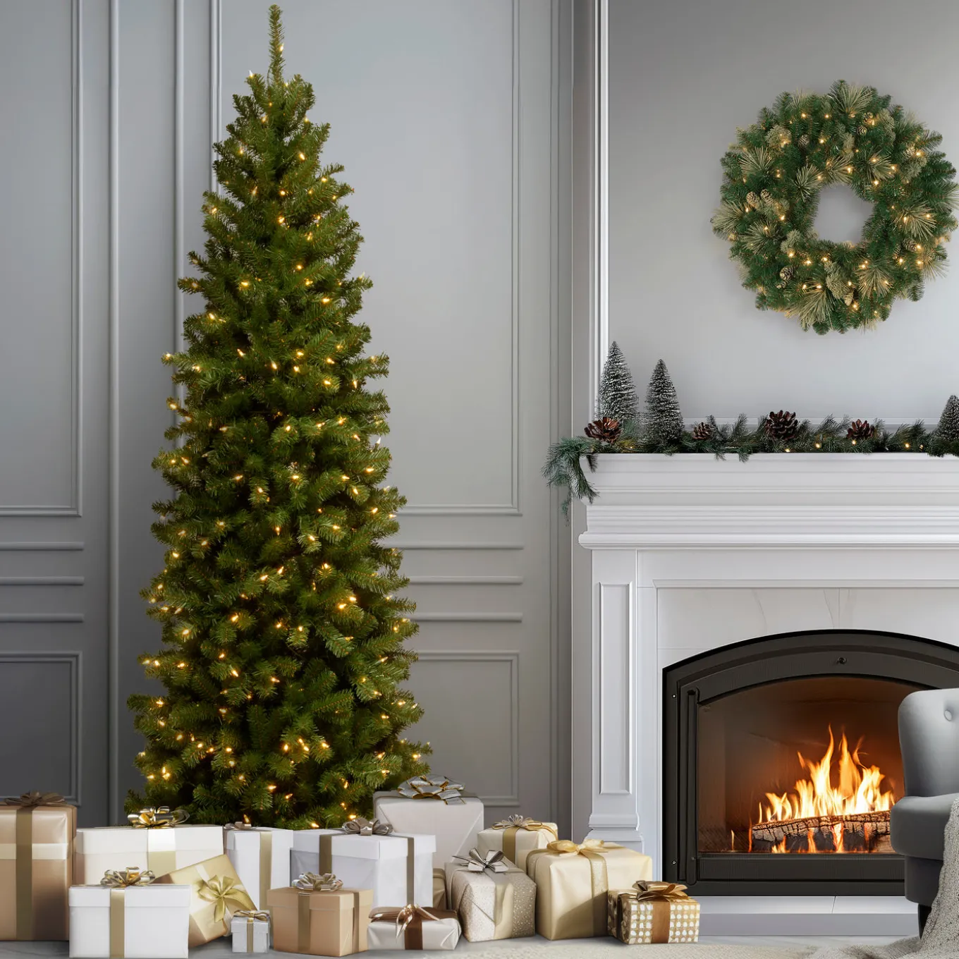 7.5 ft. Pre-Lit North Valley Spruce Pencil Slim Tree with Clear Lights