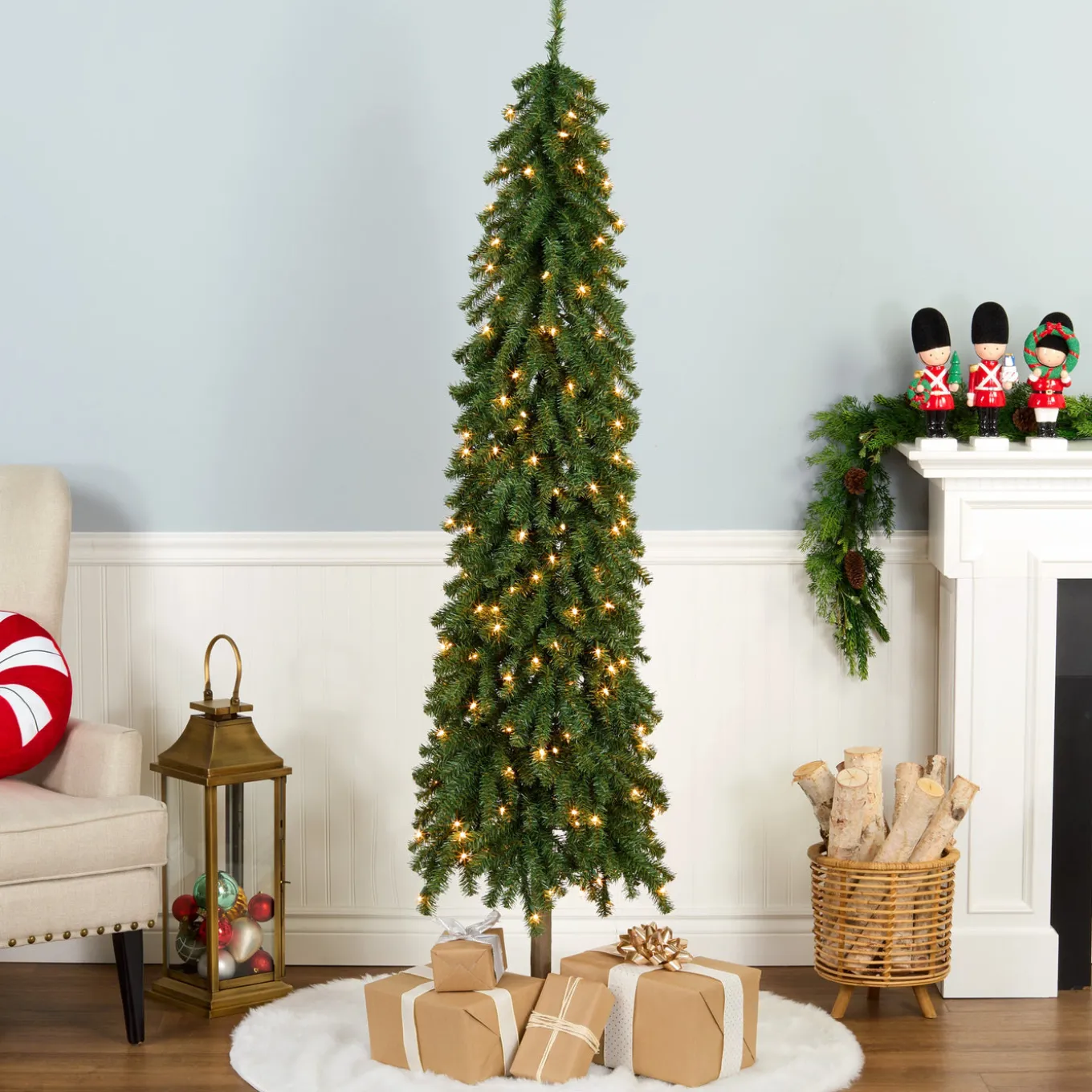 6.5 ft. Pre-Lit Snowy Grand Alpine Pencil Slim Tree with Clear Lights