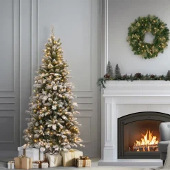 7.5 ft. Pre-Lit Snowy Mountain Pine Slim Tree with Clear Lights