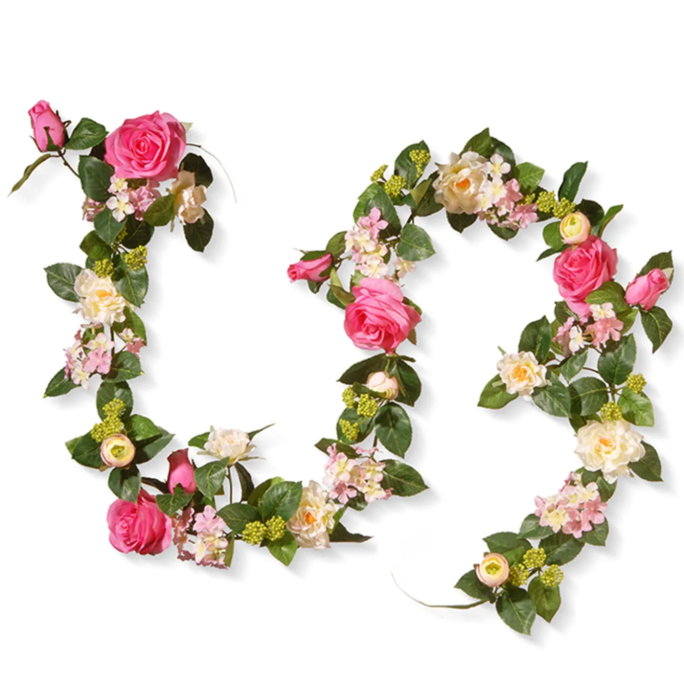 6 ft. Spring Garland with Roses, Hydrangeas, Berry Clusters, Leafy Greens