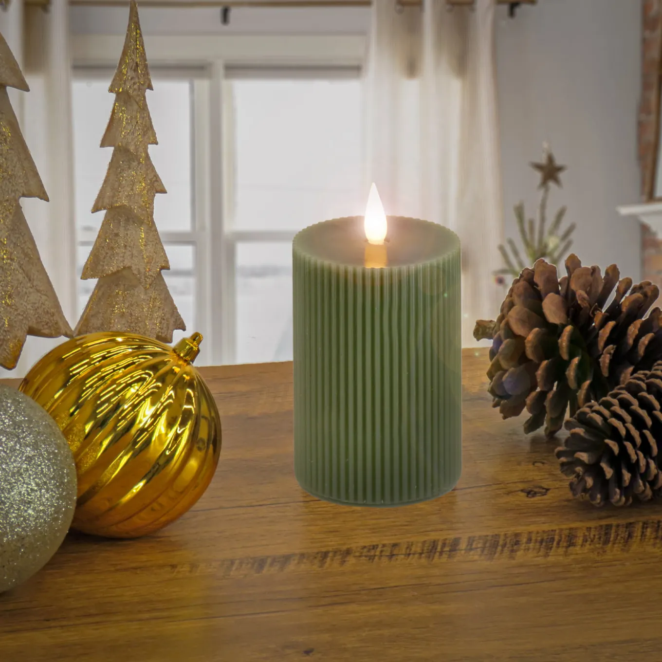 4 in. by 8 in. HGTV Home Collection Flameless Georgetown Pillar Candle, Dk Green