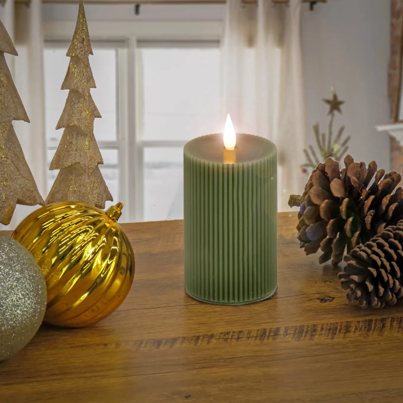 3 in. by 9 in. HGTV Home Collection Flameless Georgetown Pillar Candle, Dk Green