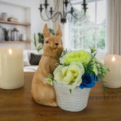 11 in. Ceramic Bunny with Basket Table Decoration