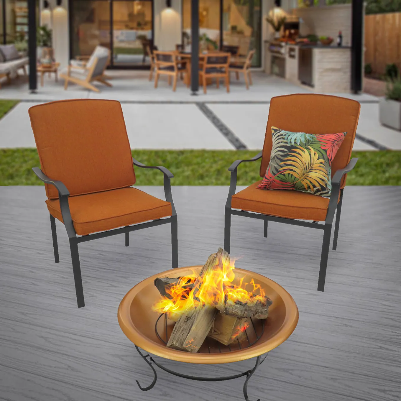 29 in. Copper Finish Steel Outdoor Fire Pit with Black Stand and Screen Cover