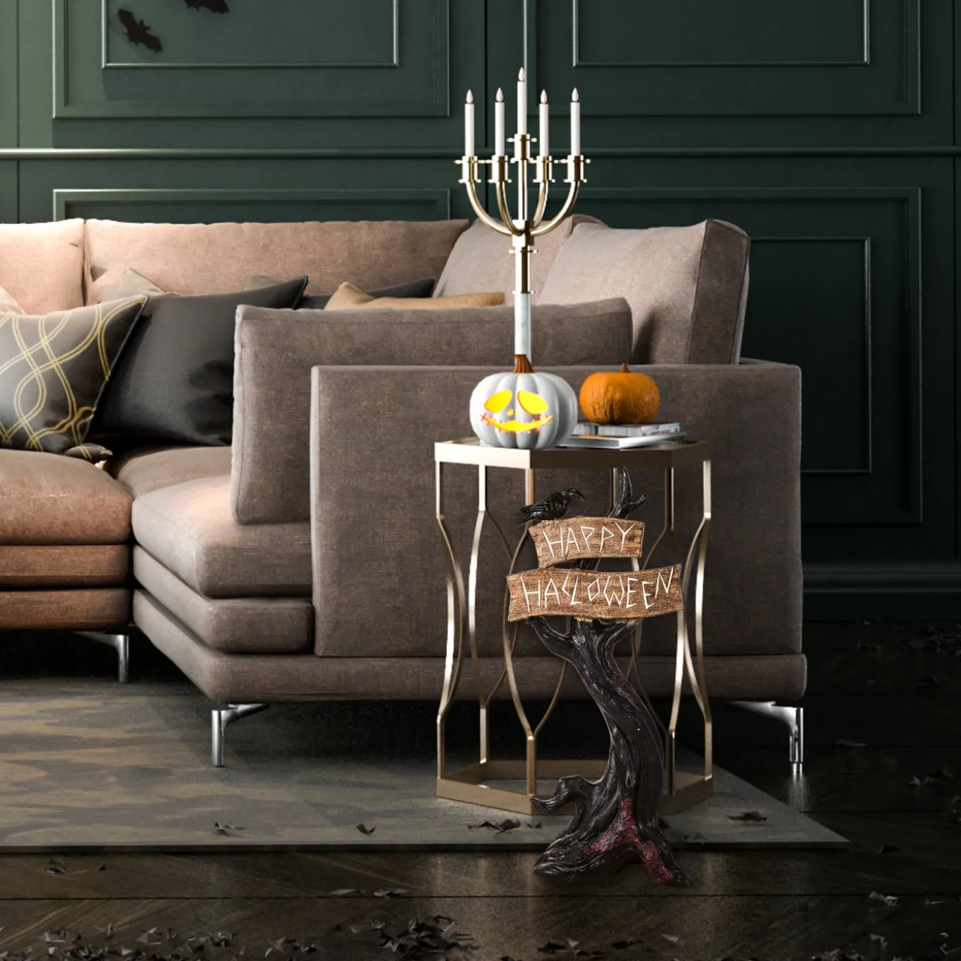 32 in. Crow Standing on Tree with Happy Halloween Sign Table Decoration