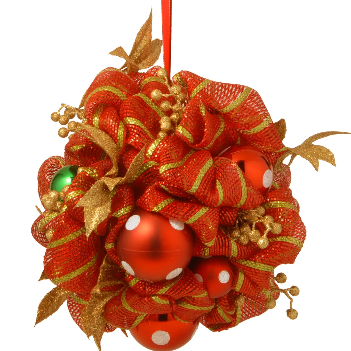 16 in. Decorative Collection Striped Red Ribbon Kissing Ball