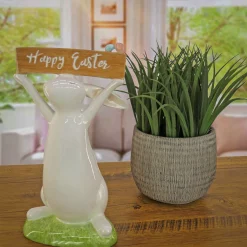 11 in. Easter Bunny Figure Holding "Happy Easter" Sign Table Decoration