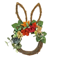 17 in. Easter Bunny Shaped Hanging Wreath Decorated with Colorful Flower Blooms, Berry Clusters, Leafy Greens