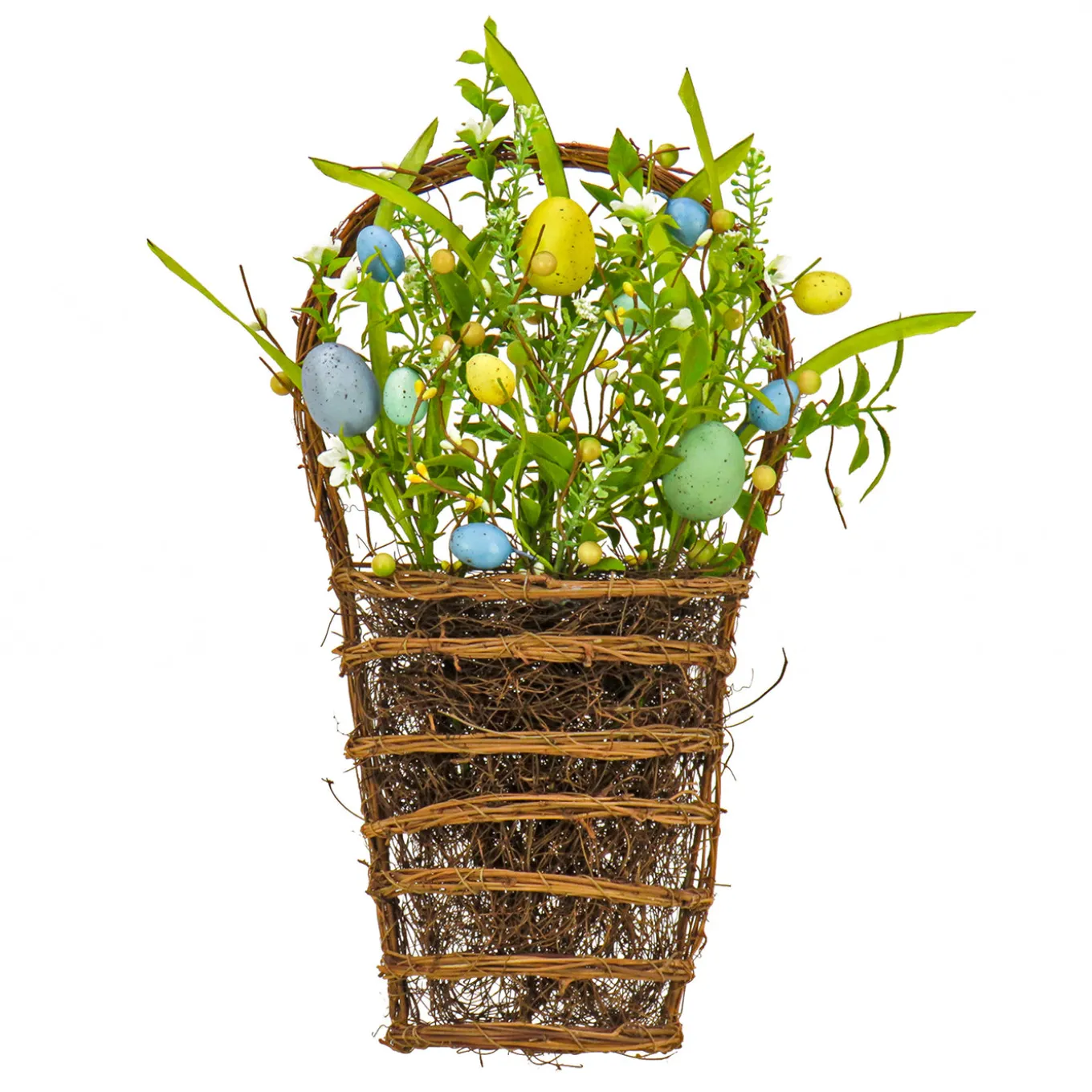 18 in. Easter Hanging Wall Basket Decorated with Pastel Eggs and Spring Flowers