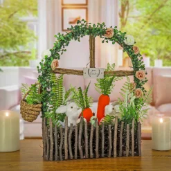 19 in. Easter Window Garden Pane Decoration Decorated with Bunnies, Carrots, Flower Blooms