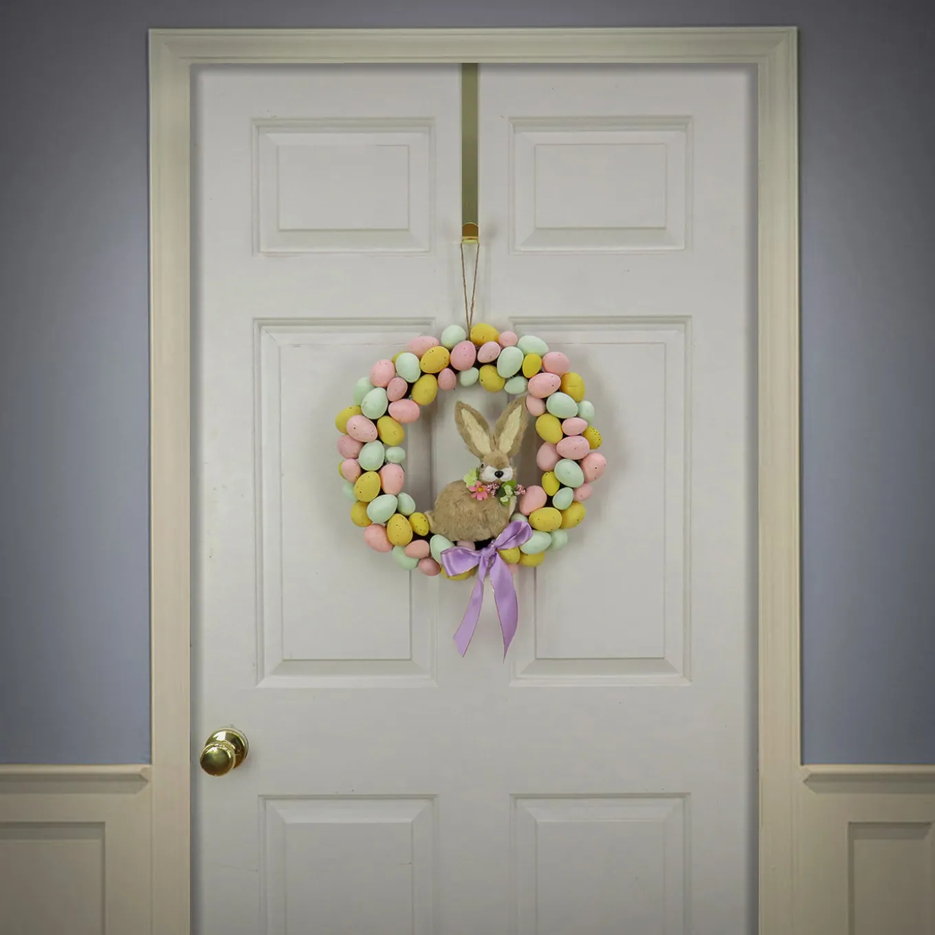 16 in. Easter Wreath Decorated with Pastel Eggs and Bunny