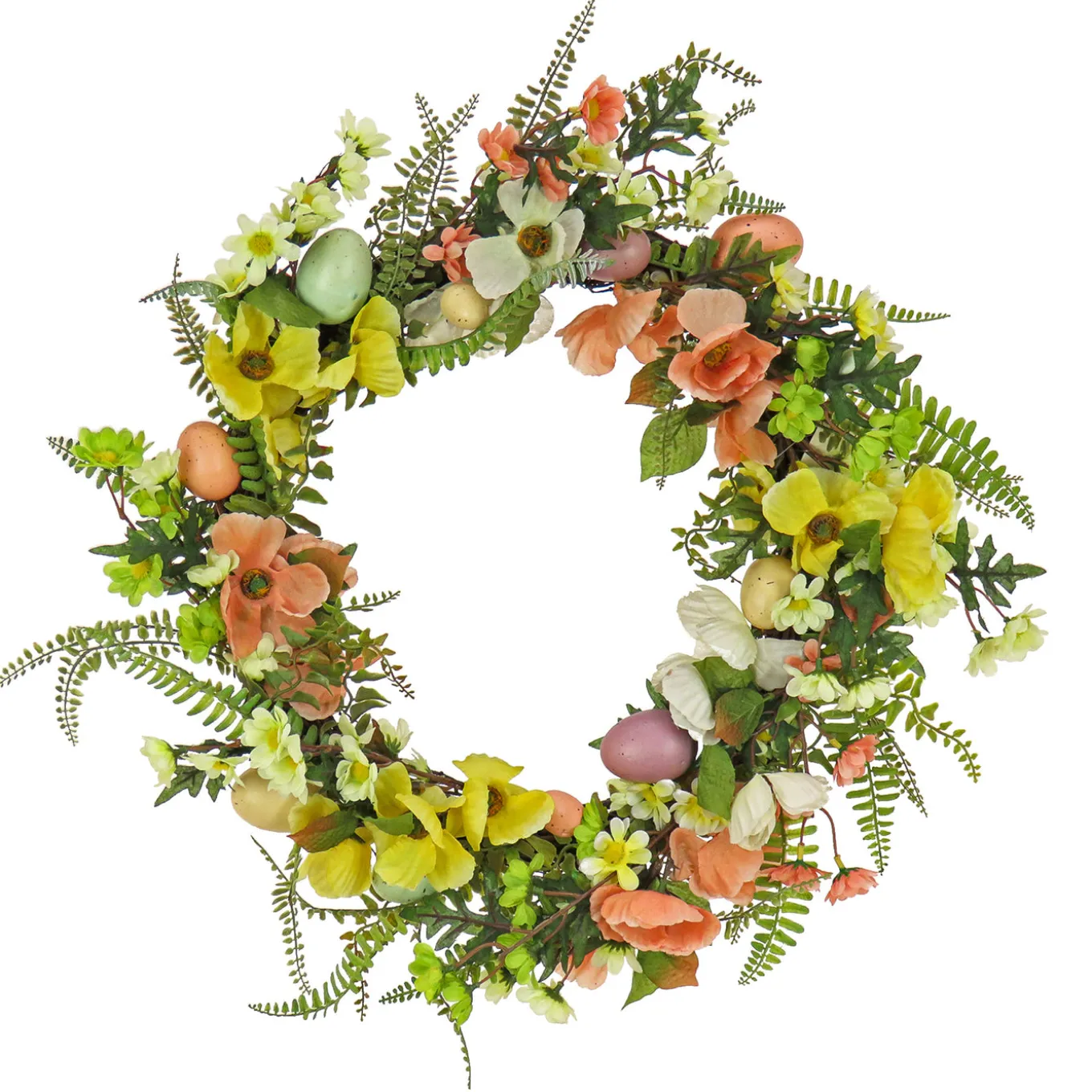 22 in. Easter Wreath Decorated with Colorful Pastel Eggs, Pink and Yellow Flowers, Ferns, Leafy Greens