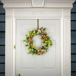 22 in. Easter Wreath Decorated with Colorful Pastel Eggs, Pink and Yellow Flowers, Ferns, Leafy Greens