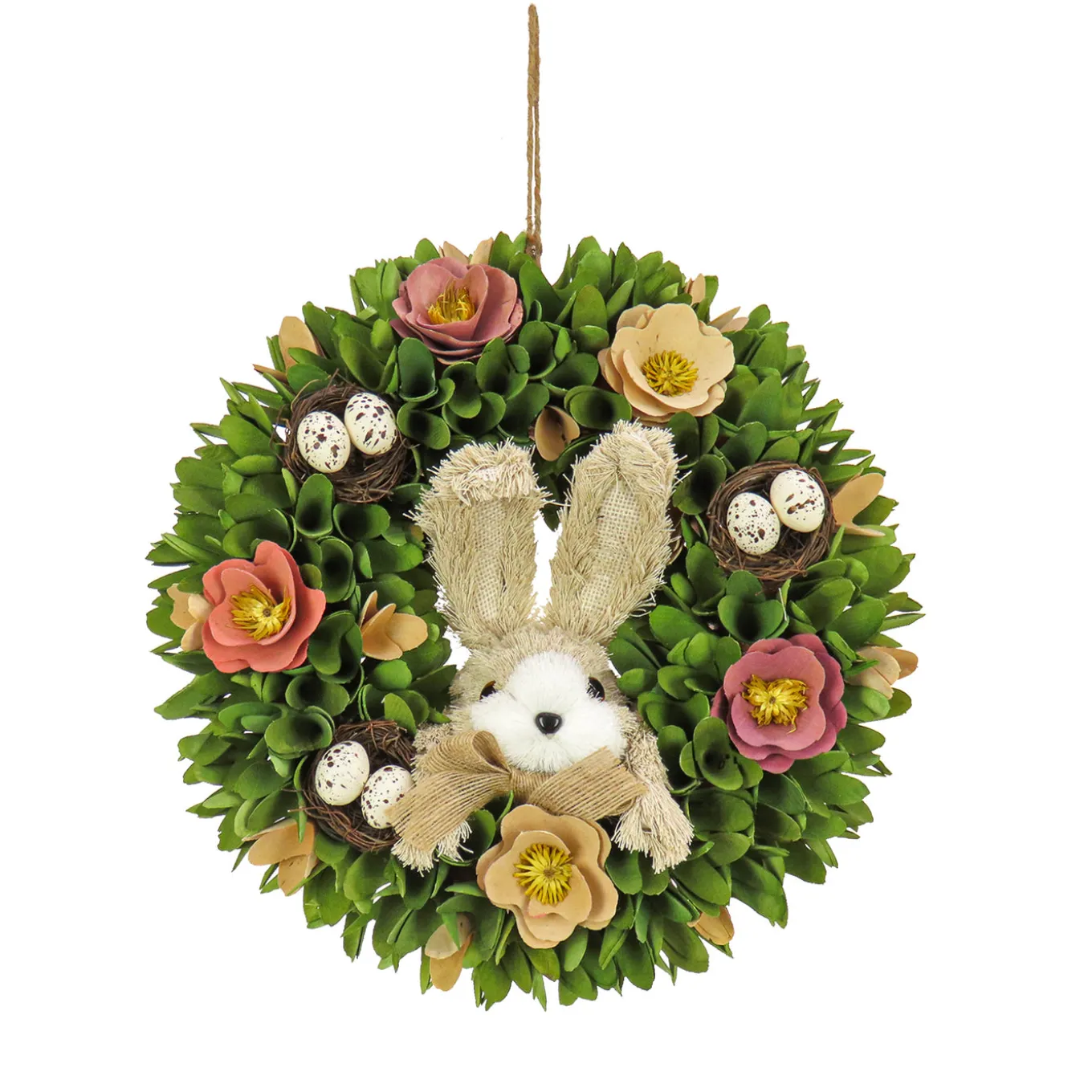 13 in. Easter Wreath Decorated with Colorful Flower Blooms, Bunny and Pastel Eggs