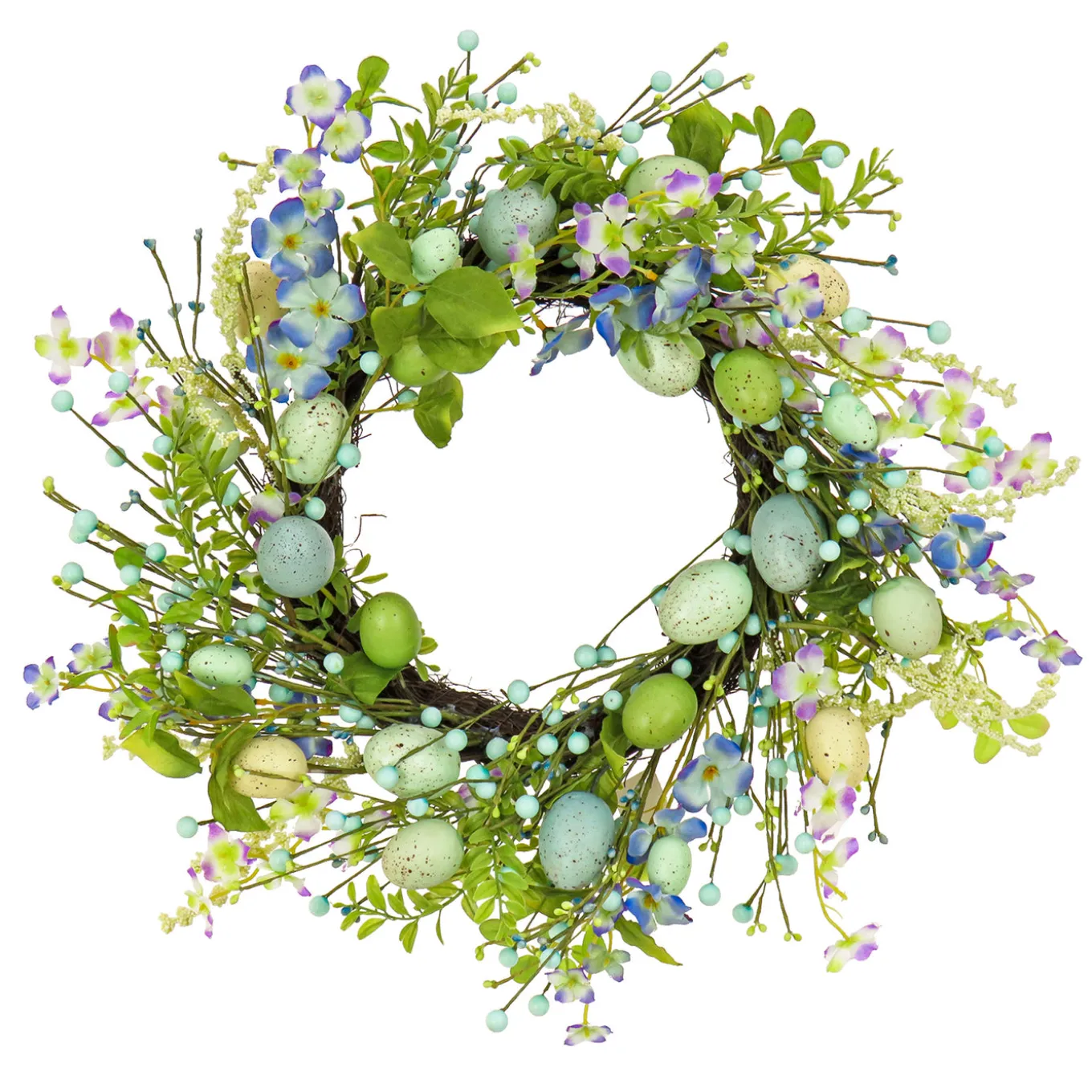 20 in. Easter Wreath Decorated with Blue Flower Blooms, Pastel Eggs