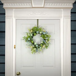 20 in. Easter Wreath Decorated with Blue Flower Blooms, Pastel Eggs
