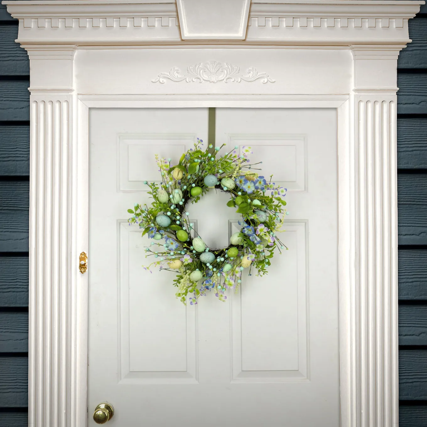 20 in. Easter Wreath Decorated with Blue Flower Blooms, Pastel Eggs