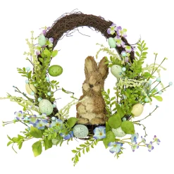 16 in. Easter Wreath Decorated with Wooden Bunny, Blue Flower Blooms, Pastel Eggs, Berries