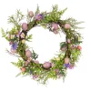 22 in. Easter Wreath Decorated with Pink Pastel Eggs, Purple Flowers, Ferns, Leafy Greens