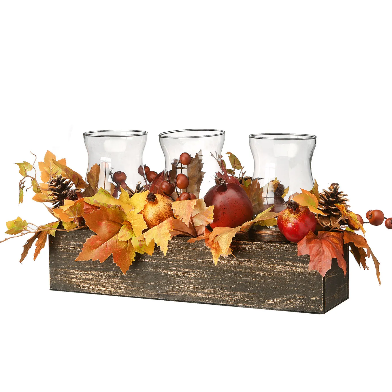 24 in. Fall Centerpiece, Decorated With Maple Leaves, Pomegranates, Pine Cones, Holds Three Candles