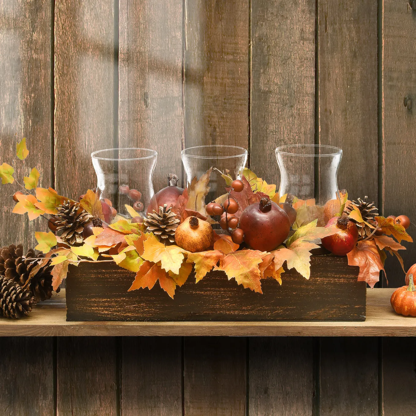24 in. Fall Centerpiece, Decorated With Maple Leaves, Pomegranates, Pine Cones, Holds Three Candles
