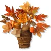 16 in. Fall Flowers in Wicker Basket with Pumpkins, Gourds, Berry Clusters, Burlap, Maple Leaves