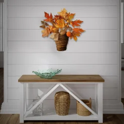 16 in. Fall Flowers in Wicker Basket with Pumpkins, Gourds, Berry Clusters, Burlap, Maple Leaves