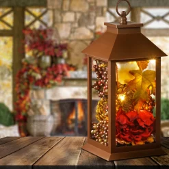 12 in. Fall Lantern with LED Lights, Filled with Pumpkins, Leaves, Flowers, Berry Clusters
