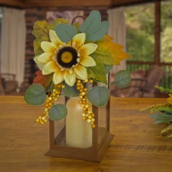 13 in. Fall Lantern with Sunflower, Maple Leaves, Eucalyptus, Berry