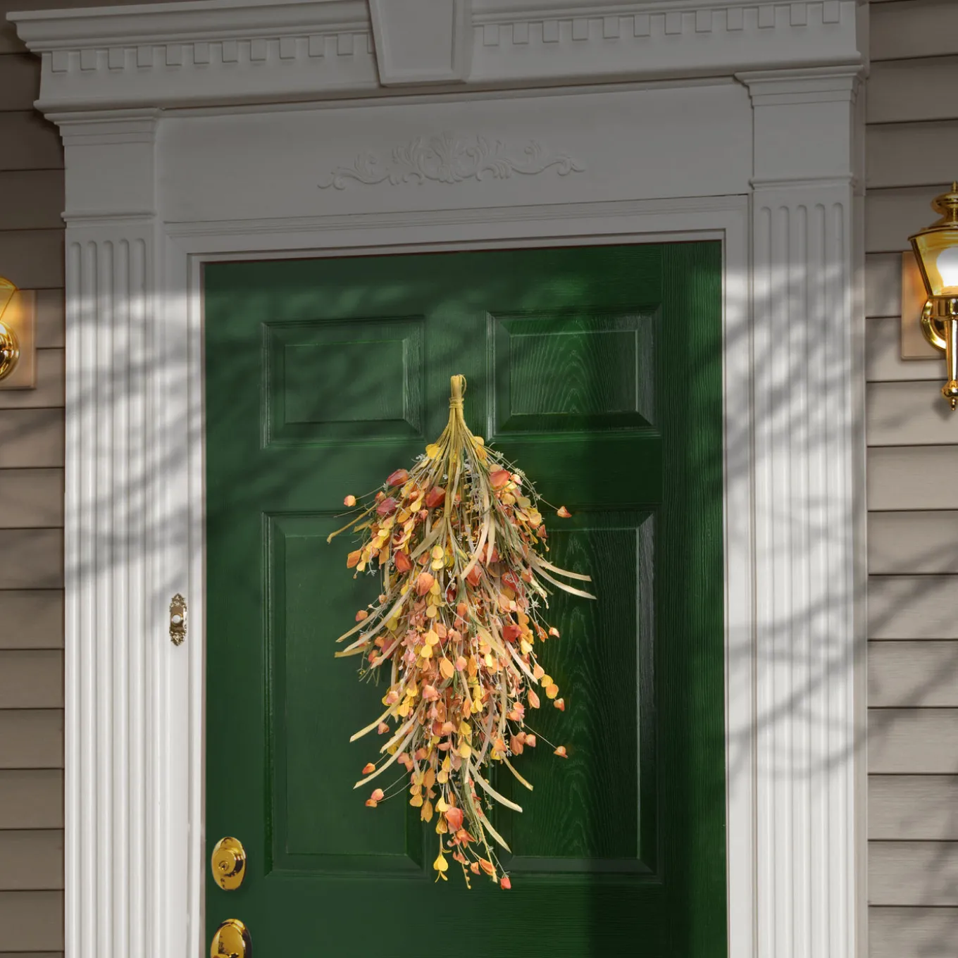 30 in. Fall Teardrop Decoration with Seed Stalks, Straw Fronds, Assorted Leaves