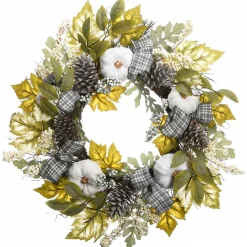 30 in. Fall Wreath with Pine Cones, Berry Clusters, Gourds, Fabric Bows