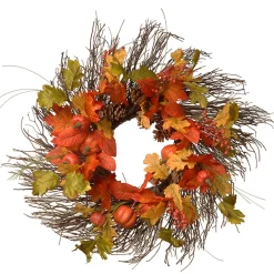 26 in. Fall Wreath with Pumpkins, Pinecones, Berry Clusters, Assorted Leaves