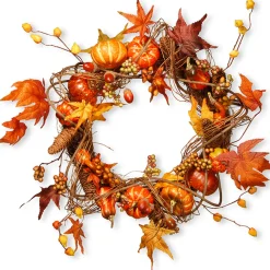 21 in. Fall Wreath with Pumpkins, Gourds, Pinecones, Berry Clusters, Maple Leaves