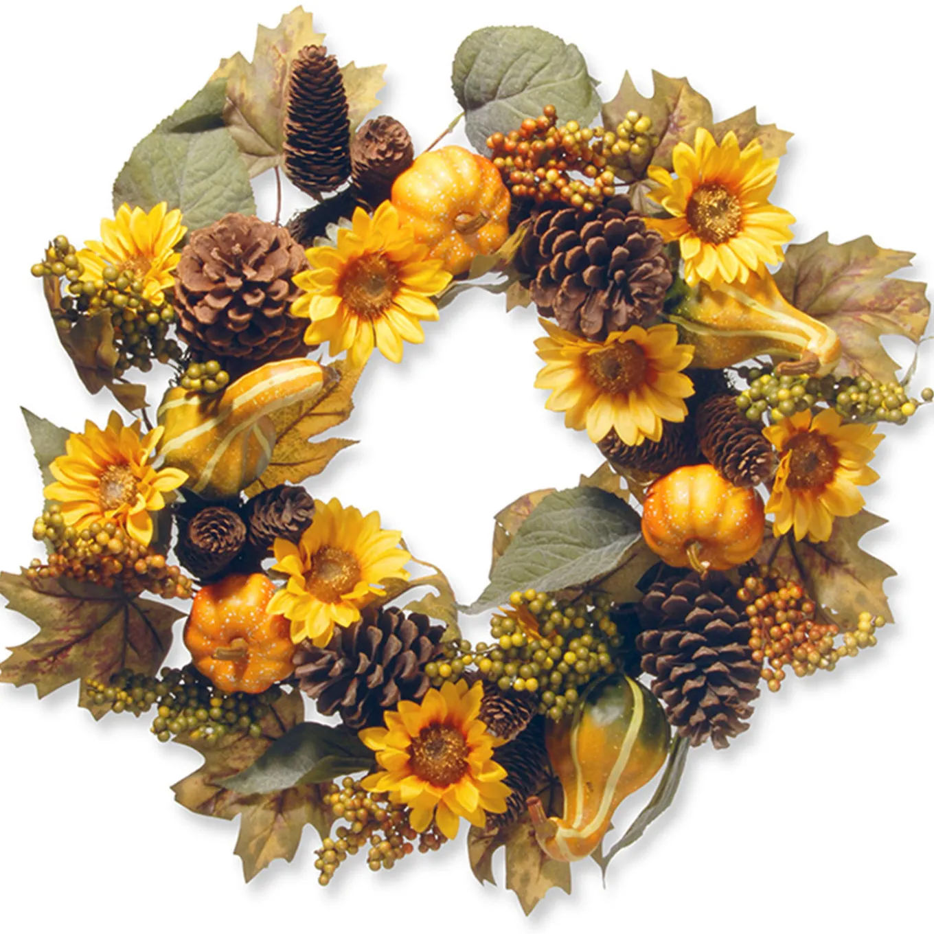 22 in. Fall Wreath with Pumpkins, Gourds, Pinecones, Sunflowers, Berry Clusters, Assorted Leaves