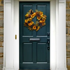 22 in. Fall Wreath with Pumpkins, Gourds, Pinecones, Sunflowers, Berry Clusters, Assorted Leaves