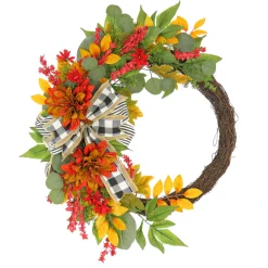 24 in. Fall Wreath with Twig, Dahlia, Eucalyptus and Bow